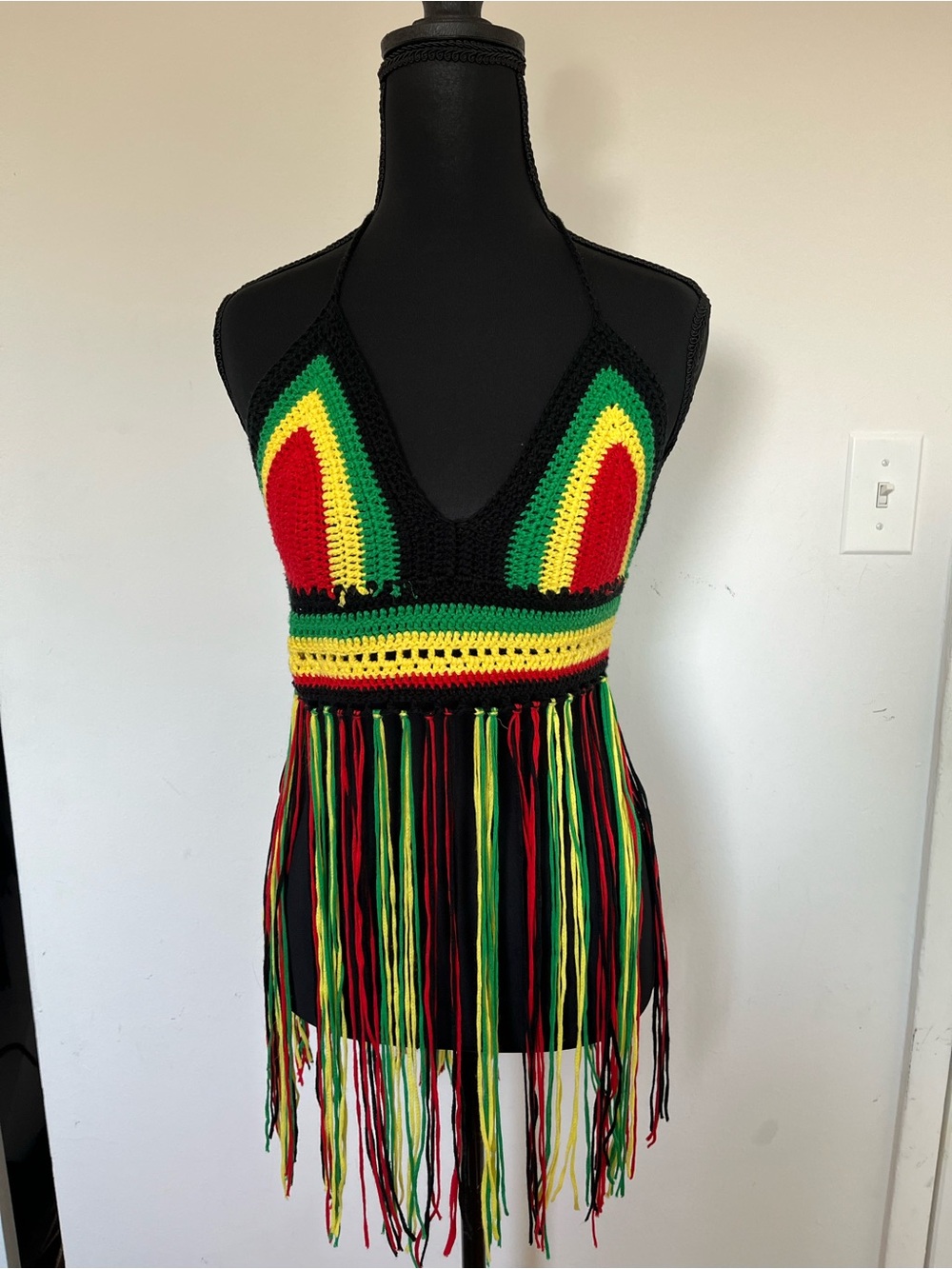 Rainbow Rasta Reggae Crochet Fringe Halter Crop Top Red Yellow Green Black